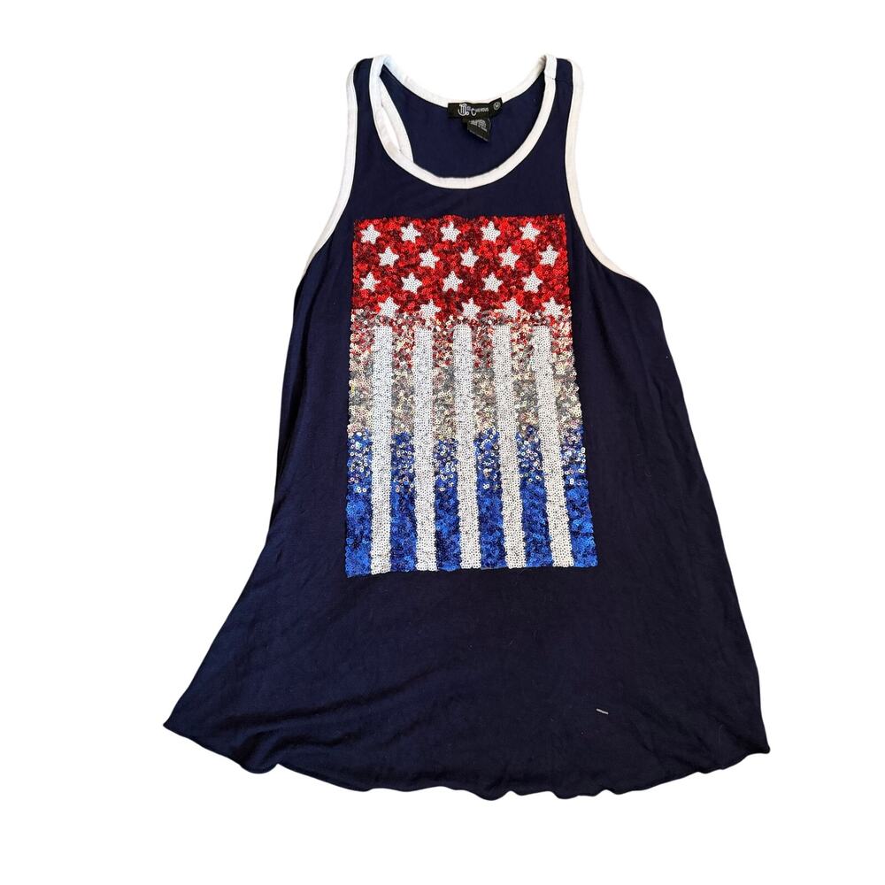 Miss Chievous Women’s Medium American Flag Sequin Tank Top Patriotic USA Star